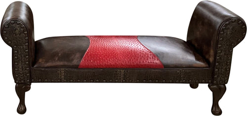 Brown leather 60 inch roll arm bench with an authentic red ostrich hide saddle style insert on the seat cushion