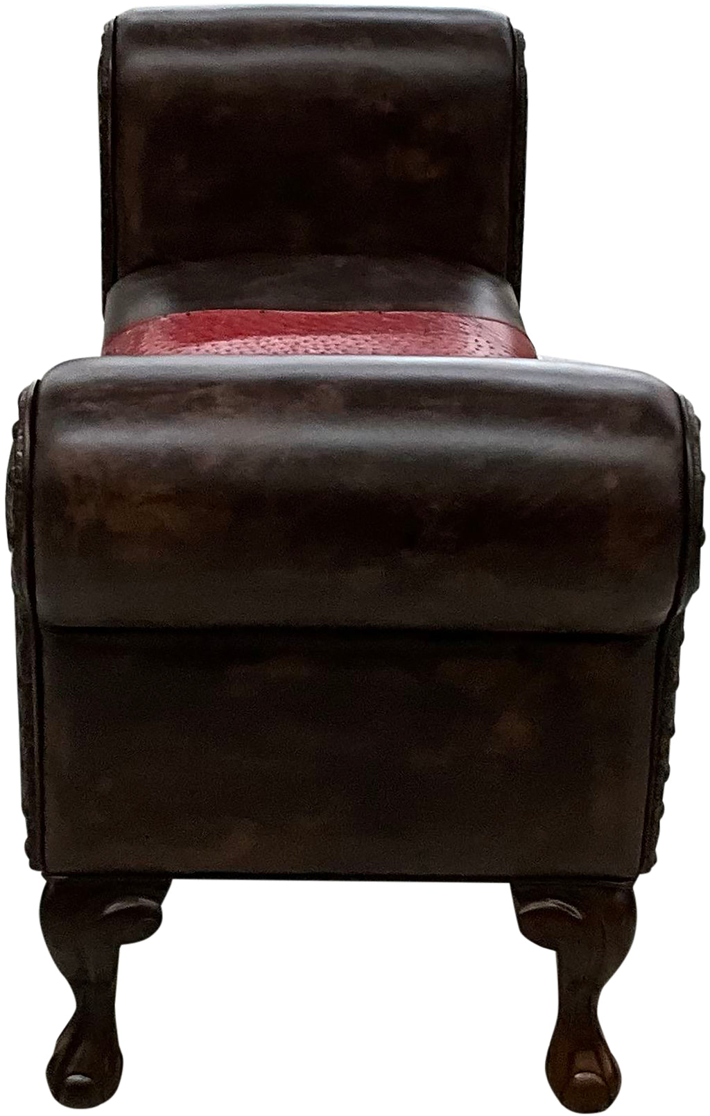 Brown leather 60 inch roll arm bench with an authentic red ostrich hide saddle style insert on the seat cushion