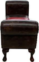 Load image into Gallery viewer, Brown leather 60 inch roll arm bench with an authentic red ostrich hide saddle style insert on the seat cushion