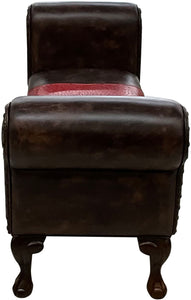 Brown leather 60 inch roll arm bench with an authentic red ostrich hide saddle style insert on the seat cushion