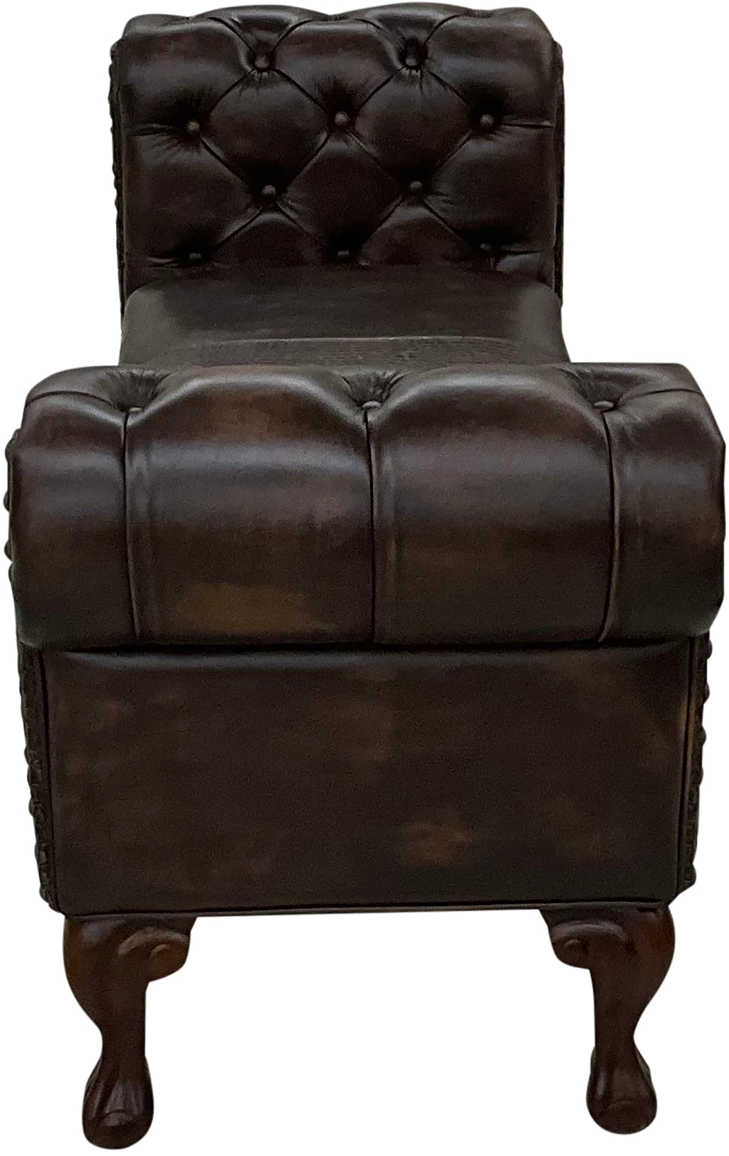 Dark brown leather chestefield bench with tufted roll arms and crocodile accent leather saddle insert