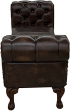 Load image into Gallery viewer, Dark brown leather chestefield bench with tufted roll arms and crocodile accent leather saddle insert