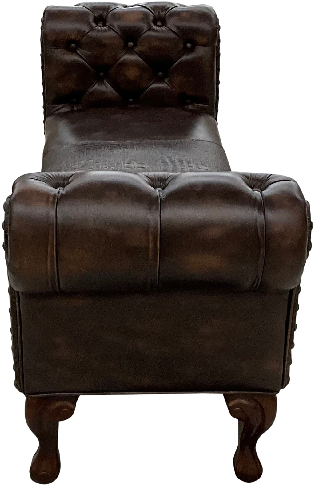 Dark brown leather chestefield bench with tufted roll arms and crocodile accent leather saddle insert