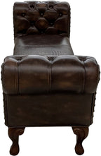 Dark brown leather chestefield bench with tufted roll arms and crocodile accent leather saddle insert