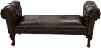 Dark brown leather chestefield bench with tufted roll arms and crocodile accent leather saddle insert