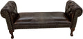 Dark brown leather chestefield bench with tufted roll arms and crocodile accent leather saddle insert