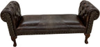 Dark brown leather chestefield bench with tufted roll arms and crocodile accent leather saddle insert