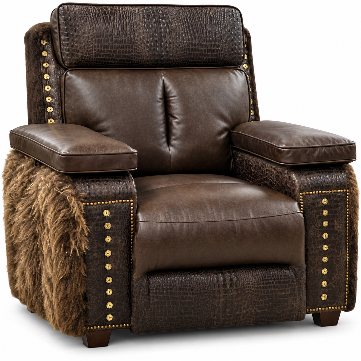 Roughneck Rocker Recliner with brown leather cushions, embossed trim, shaggy side panels and brass nailhead details on a white background
