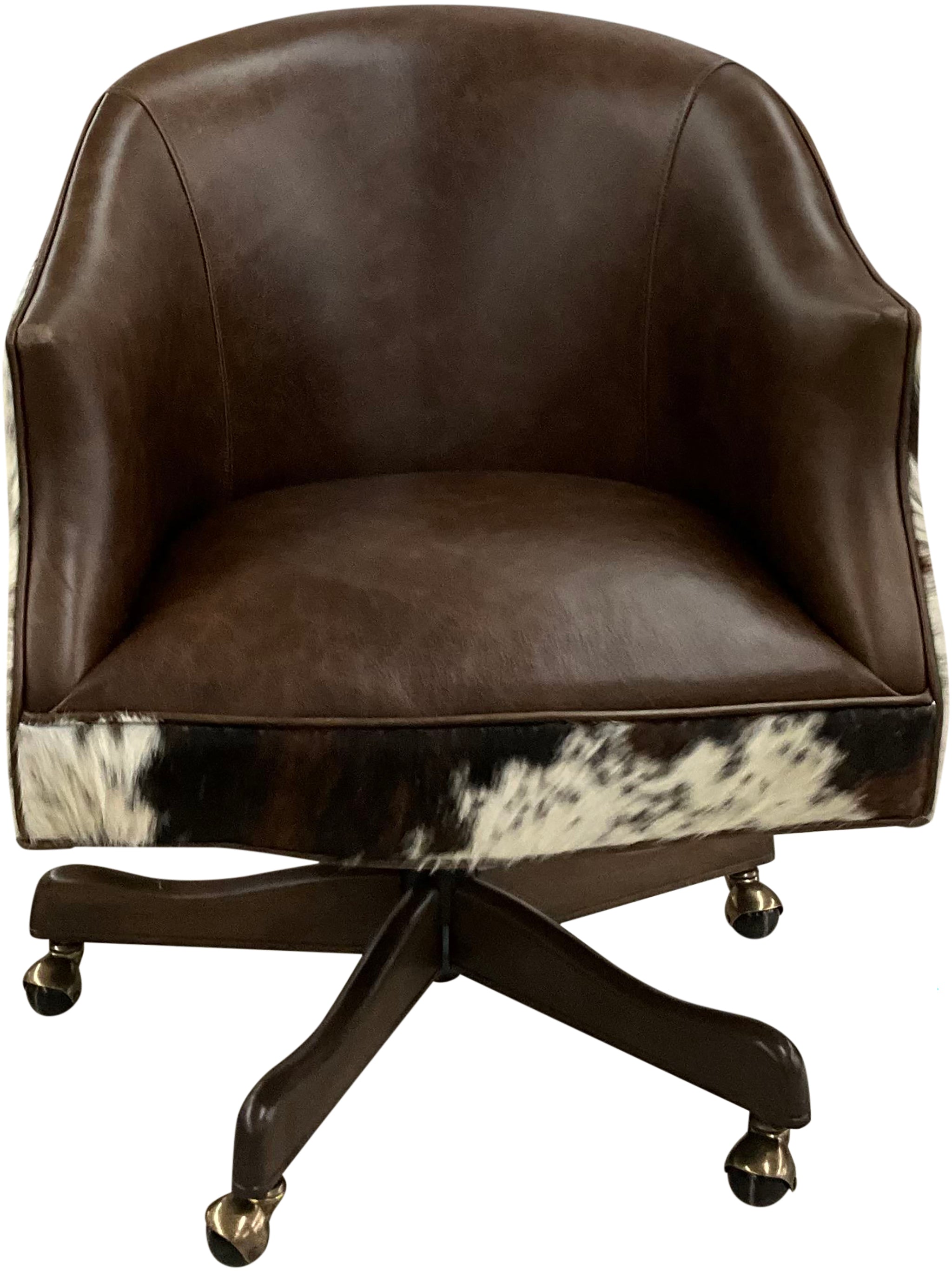 Western swivel office chair in Kodiak Bear leather with dark exotic cowhide wraparound back and white hide accents. Luxury ranch office seating with handcrafted style.