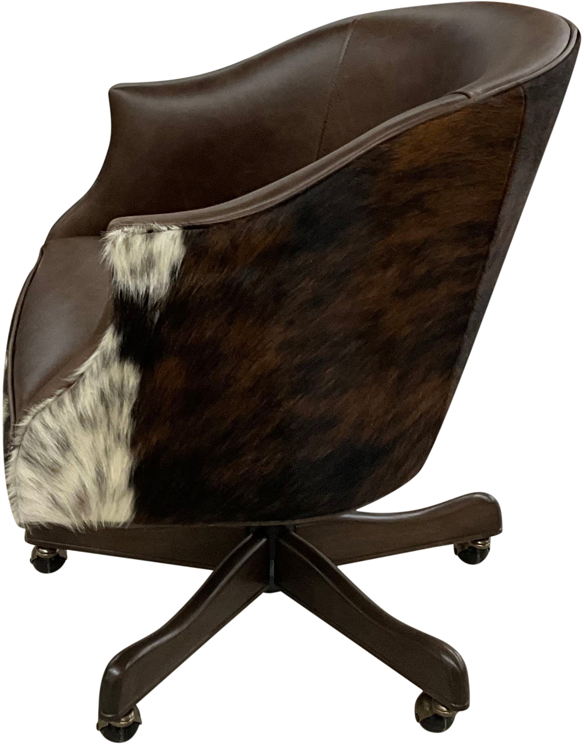 Western swivel office chair in Kodiak Bear leather with dark exotic cowhide wraparound back and white hide accents. Luxury ranch office seating with handcrafted style.