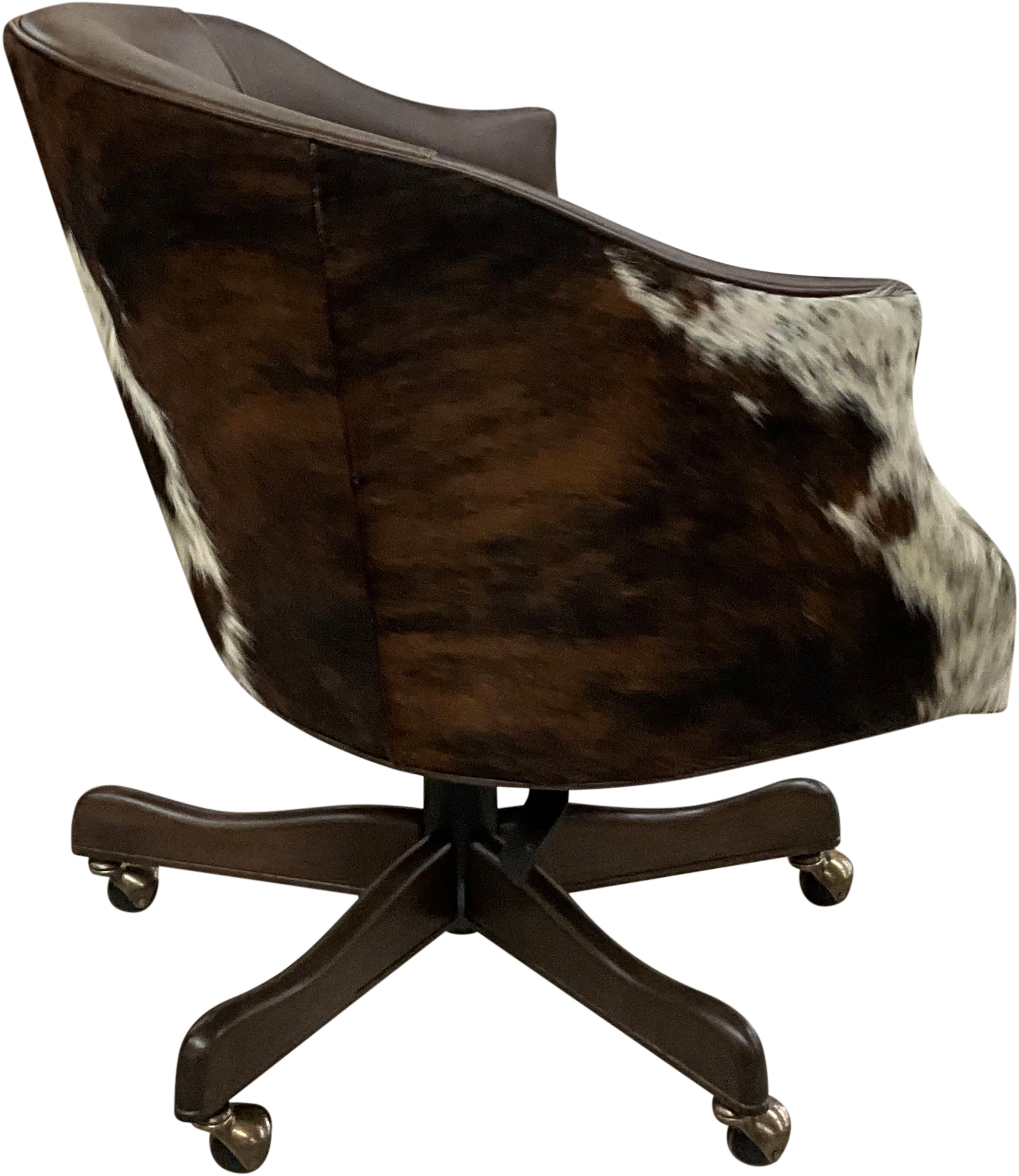 Western swivel office chair in Kodiak Bear leather with dark exotic cowhide wraparound back and white hide accents. Luxury ranch office seating with handcrafted style.