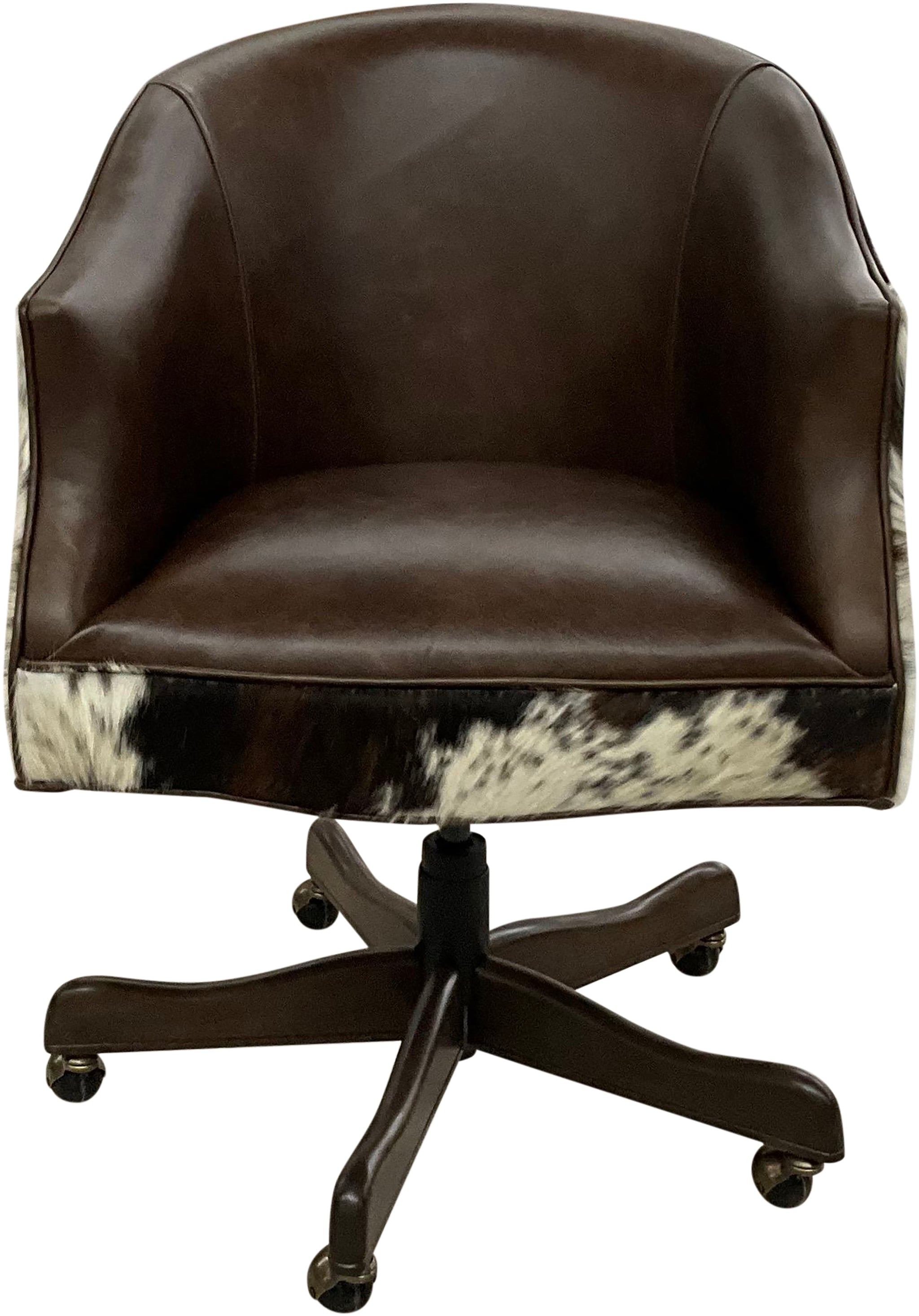 Western swivel office chair in Kodiak Bear leather with dark exotic cowhide wraparound back and white hide accents. Luxury ranch office seating with handcrafted style.