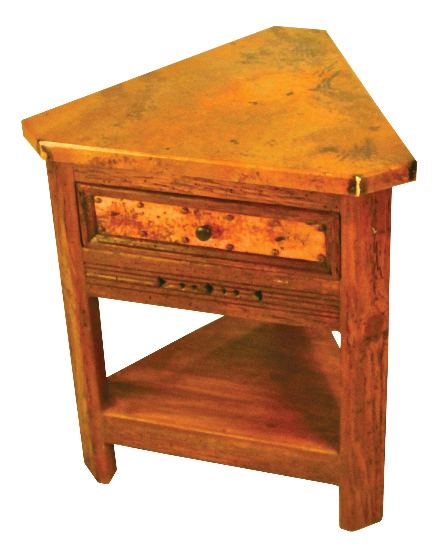 Taos Triangular Nightstand in reclaimed wood with copper top and drawer front. Unique corner design with lower shelf—custom finishes available.