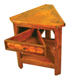 Taos Triangular Nightstand in reclaimed wood with copper top and drawer front. Unique corner design with lower shelf—custom finishes available.