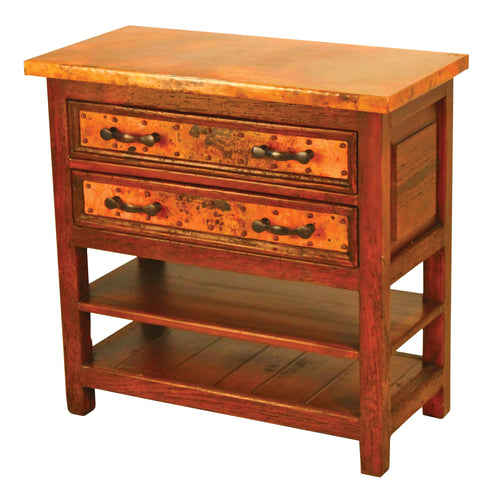 Francisco 2-Drawer/2-Shelf Nightstand in reclaimed wood with copper top and drawers. Rustic, handcrafted design with storage and customizable finishes.