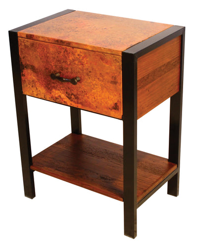 Flat Iron Copper Nightstand in reclaimed wood with copper top and drawer front. Modern rustic design with open shelf—custom wood, iron, and copper finishes.