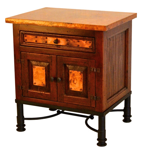 Country Nightstand in reclaimed wood with copper panels and Patti iron base. Rustic, customizable design with multiple wood, paint, and iron finish options.
