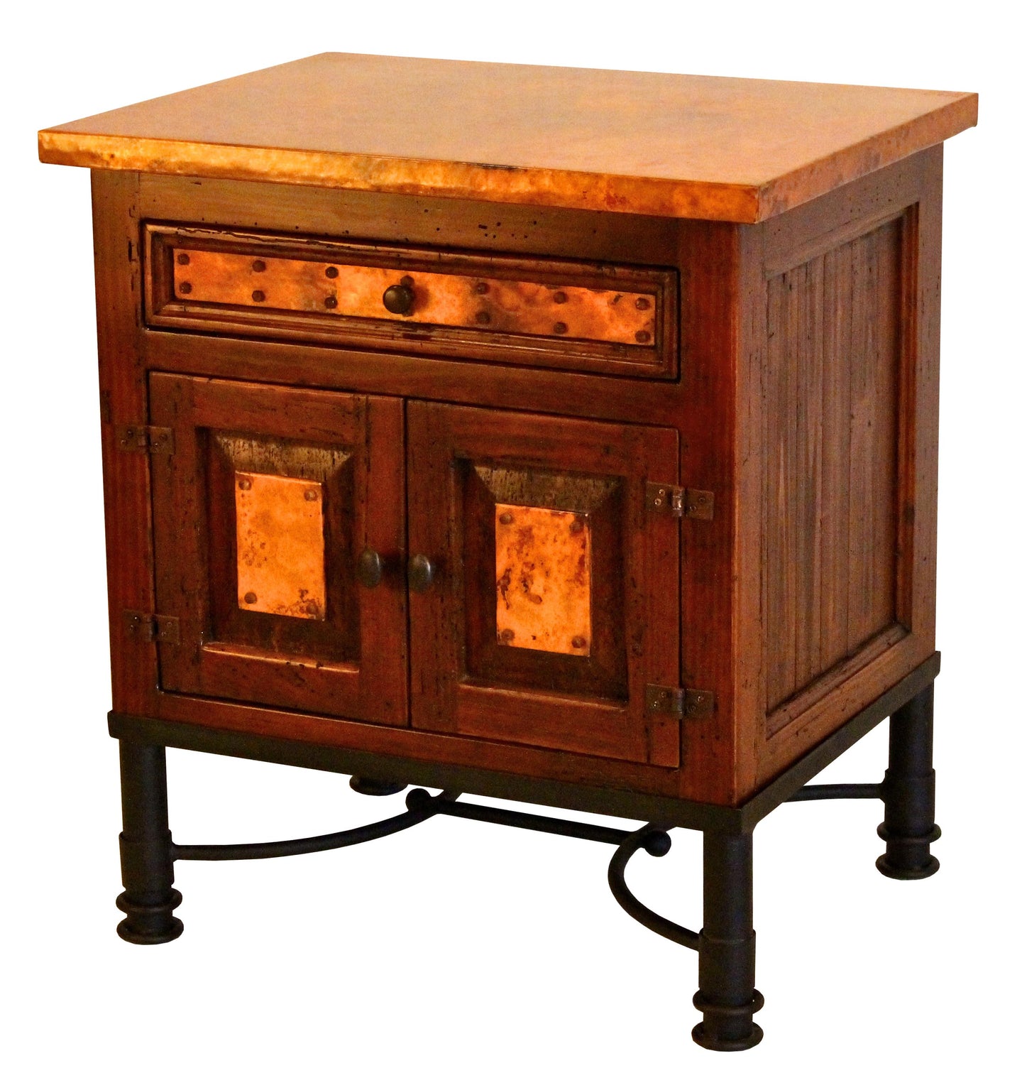 Country Nightstand in reclaimed wood with copper panels and Patti iron base. Rustic, customizable design with multiple wood, paint, and iron finish options.