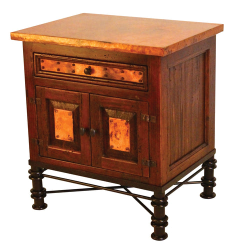 Country Nightstand in reclaimed wood with copper panels and Jessica iron base. Rustic, customizable design with multiple wood, paint, and iron finish options.