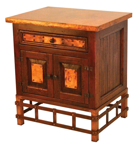 Country Nightstand in reclaimed wood with copper panels and Remaches iron base. Rustic, customizable design with multiple wood, paint, and iron finish options.