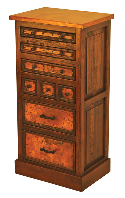 Elevate your space with the 8 Drawer Tall Copper Dresser—handcrafted solid wood, genuine copper panels, and ample storage in a space-saving vertical design. Southwestern rustic beauty meets everyday function.
