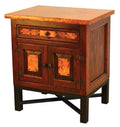Country Nightstand in reclaimed wood with copper panels and Copenhagen iron base. Rustic, customizable design with multiple wood, paint, and iron finish options.