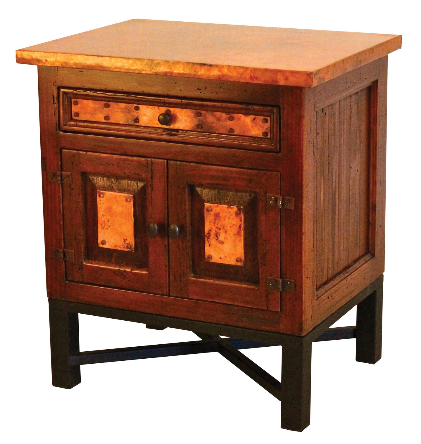 Country Nightstand in reclaimed wood with copper panels and Copenhagen iron base. Rustic, customizable design with multiple wood, paint, and iron finish options.