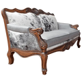 Handcrafted Western-style sofa with carved wood frame, full-grain leather, and cowhide upholstery. The Lords Sofa blends rustic charm with elegant Spanish Colonial design. Fully Customizable.