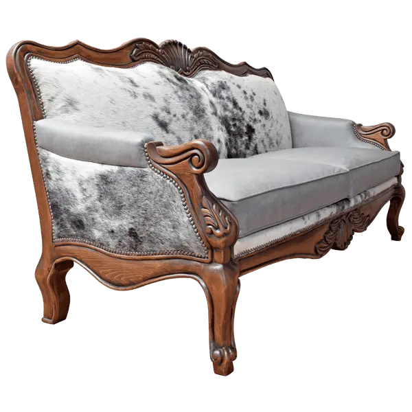 Handcrafted Western-style sofa with carved wood frame, full-grain leather, and cowhide upholstery. The Lords Sofa blends rustic charm with elegant Spanish Colonial design. Fully Customizable.