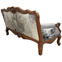 Load image into Gallery viewer, Handcrafted Western-style sofa with carved wood frame, full-grain leather, and cowhide upholstery. The Lords Sofa blends rustic charm with elegant Spanish Colonial design. Fully Customizable.