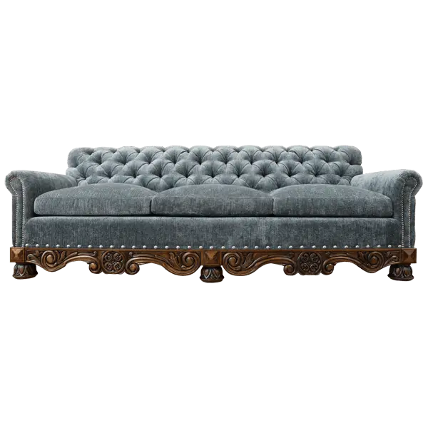 Handcrafted Western-style sofa with deep tufting, carved wood base, and customizable upholstery. The Hidalgo Sofa blends rustic elegance with heirloom craftsmanship.