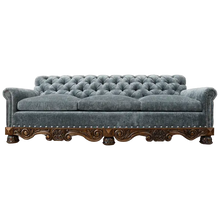 Load image into Gallery viewer, Handcrafted Western-style sofa with deep tufting, carved wood base, and customizable upholstery. The Hidalgo Sofa blends rustic elegance with heirloom craftsmanship.