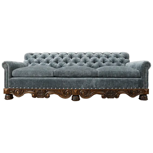 Handcrafted Western-style sofa with deep tufting, carved wood base, and customizable upholstery. The Hidalgo Sofa blends rustic elegance with heirloom craftsmanship.