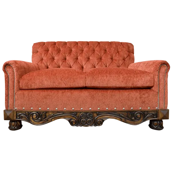 Handcrafted Western loveseat with carved wood base, rust-toned fabric, and tufted backrest. The Durango Loveseat blends rustic warmth with refined craftsmanship. Customizable.