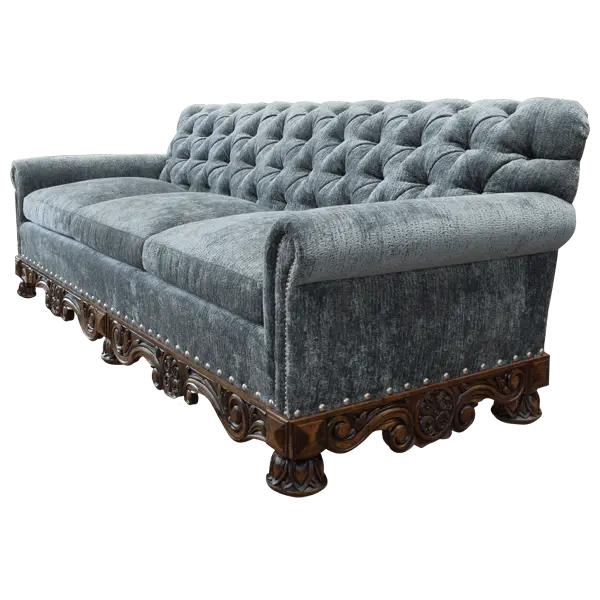 Handcrafted Western-style sofa with deep tufting, carved wood base, and customizable upholstery. The Hidalgo Sofa blends rustic elegance with heirloom craftsmanship.