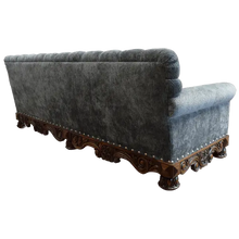 Load image into Gallery viewer, Handcrafted Western-style sofa with deep tufting, carved wood base, and customizable upholstery. The Hidalgo Sofa blends rustic elegance with heirloom craftsmanship.