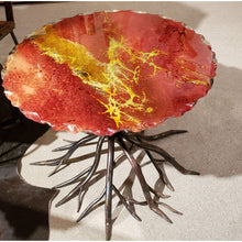 Load image into Gallery viewer, “Artist Series” Glass Table Top with Forged Burnt Polish Iron Arbor Base