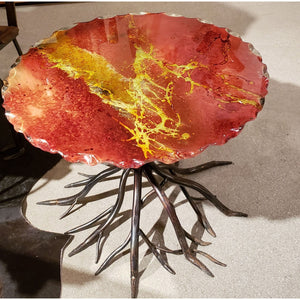 “Artist Series” Glass Table Top with Forged Burnt Polish Iron Arbor Base