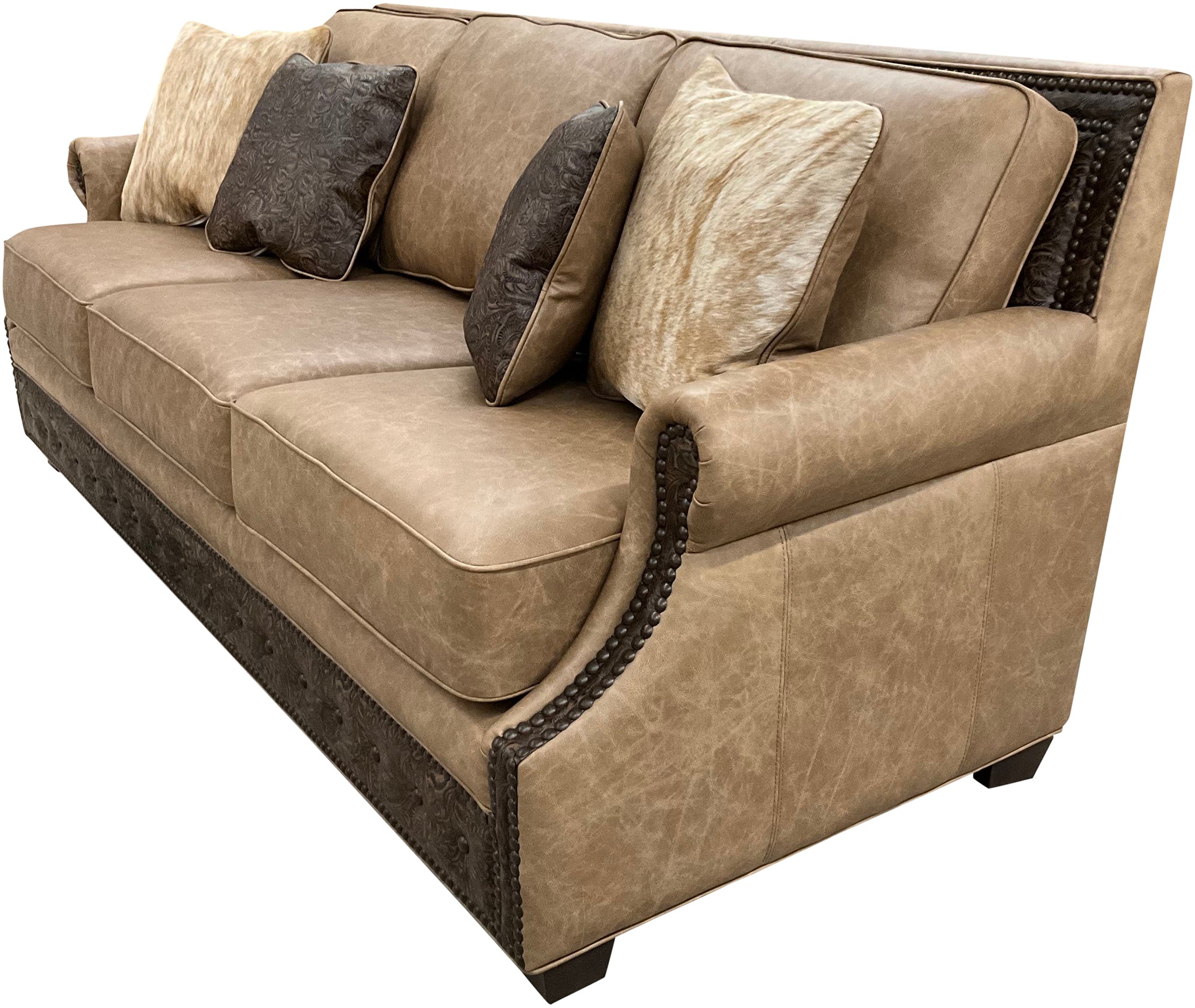 leather sofa with fabric cushions