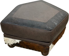 Load image into Gallery viewer, Hexagonal ottoman with textured top and cowhide pattern on legs, called Split Rail Conversational Ottoman, designed for our curved sofas
