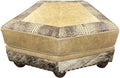 Hexagonal ottoman with textured beige top and patterned base on a white background, called palomino theater ottoman