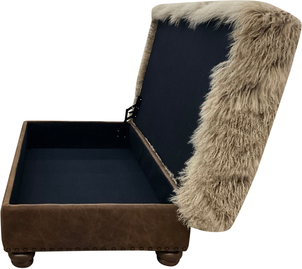 Luxury Tibetan sheep champagne storage ottoman with plush long-hair sheepskin top, leather base, nailhead trim, and hidden storage. Western lodge accent ottoman 36" x 60".