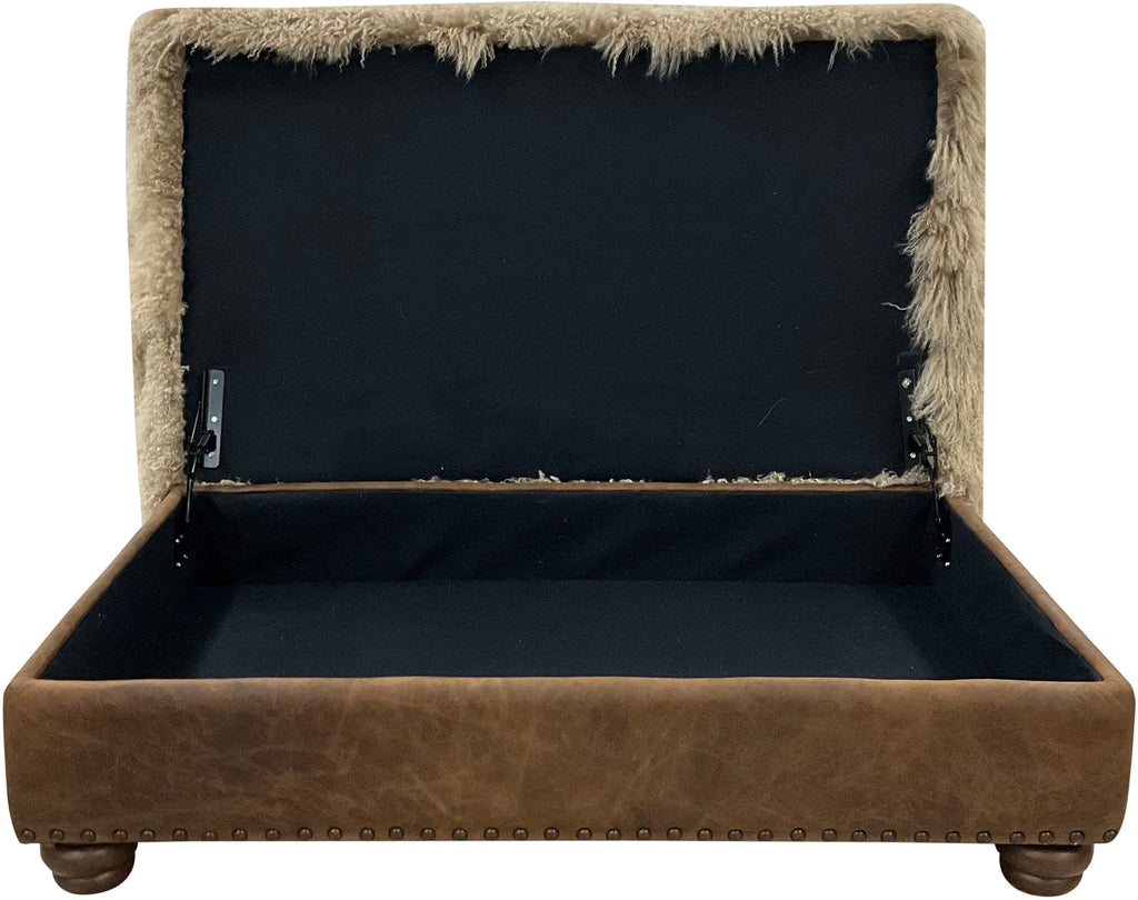 Luxury Tibetan sheep champagne storage ottoman with plush long-hair sheepskin top, leather base, nailhead trim, and hidden storage. Western lodge accent ottoman 36" x 60".