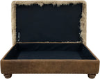 Luxury Tibetan sheep champagne storage ottoman with plush long-hair sheepskin top, leather base, nailhead trim, and hidden storage. Western lodge accent ottoman 36" x 60".
