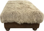 Luxury Tibetan sheep champagne storage ottoman with plush long-hair sheepskin top, leather base, nailhead trim, and hidden storage. Western lodge accent ottoman 36" x 60".