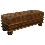 Handcrafted leather storage bench with tufted seat, twist-rope carving, and solid wood base. The Cardenas Bench blends utility with Western-inspired luxury. Customizable.