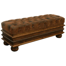 Load image into Gallery viewer, Handcrafted leather storage bench with tufted seat, twist-rope carving, and solid wood base. The Cardenas Bench blends utility with Western-inspired luxury. Customizable.
