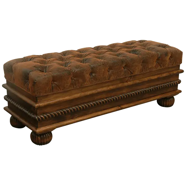 Handcrafted leather storage bench with tufted seat, twist-rope carving, and solid wood base. The Cardenas Bench blends utility with Western-inspired luxury. Customizable.
