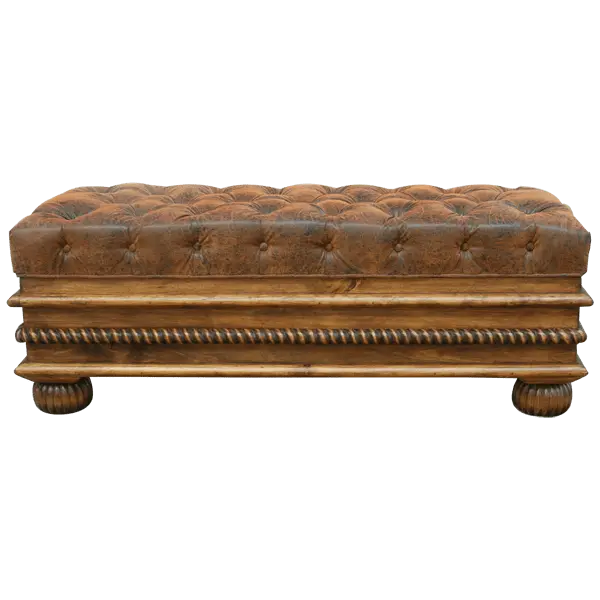 Handcrafted leather storage bench with tufted seat, twist-rope carving, and solid wood base. The Cardenas Bench blends utility with Western-inspired luxury. Customizable.