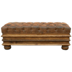 Handcrafted leather storage bench with tufted seat, twist-rope carving, and solid wood base. The Cardenas Bench blends utility with Western-inspired luxury. Customizable.